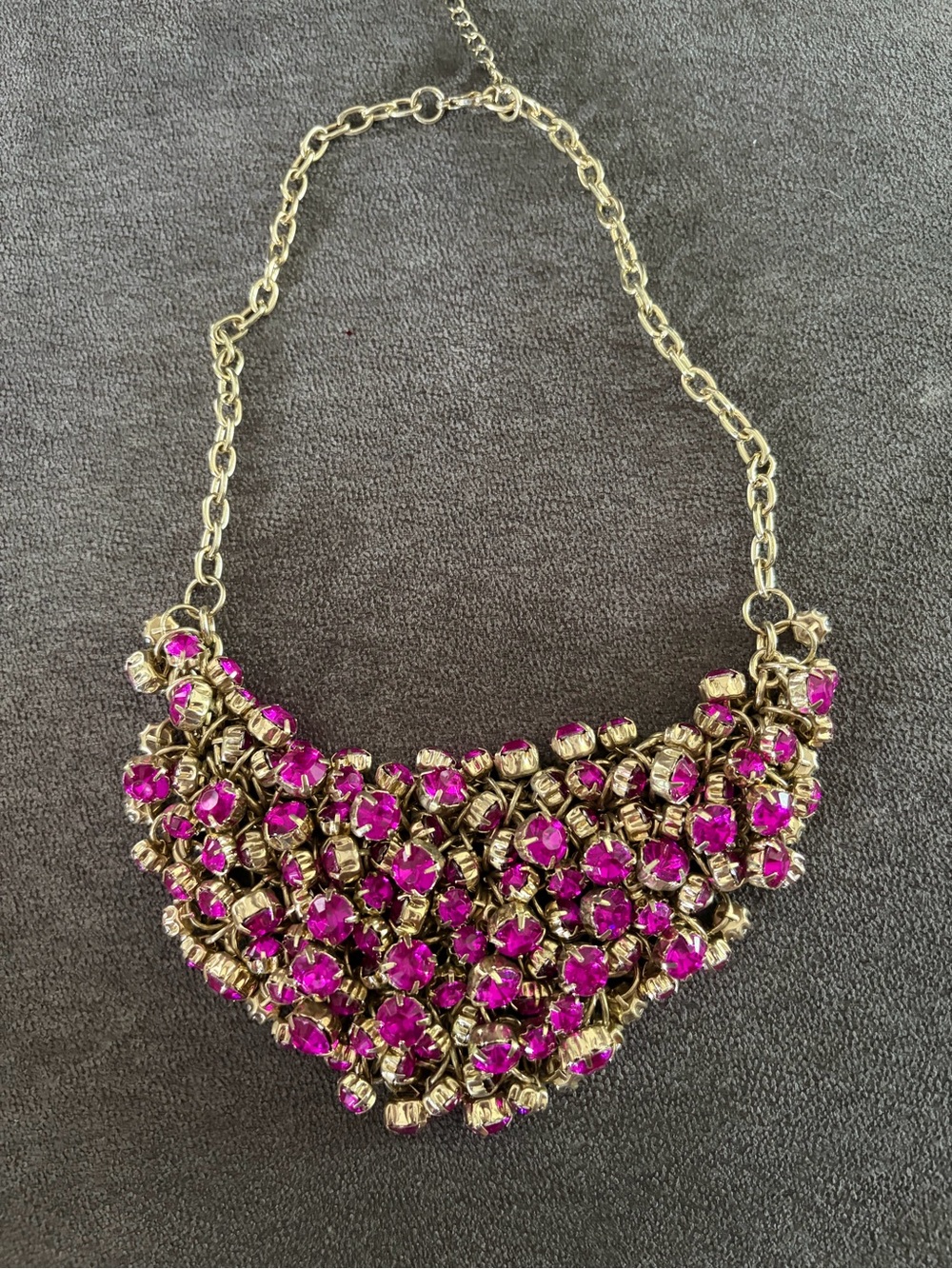 Gold-Tone Necklace with Vivid Pink Crystal Clusters